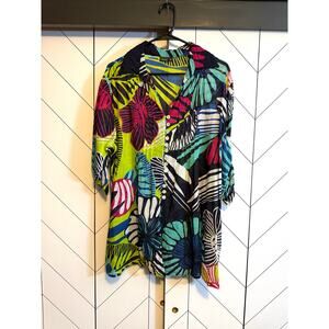 Koan Women’s XL Green Blue Tropical Floral Cotton Short Sleeve Pleated Tunic Top